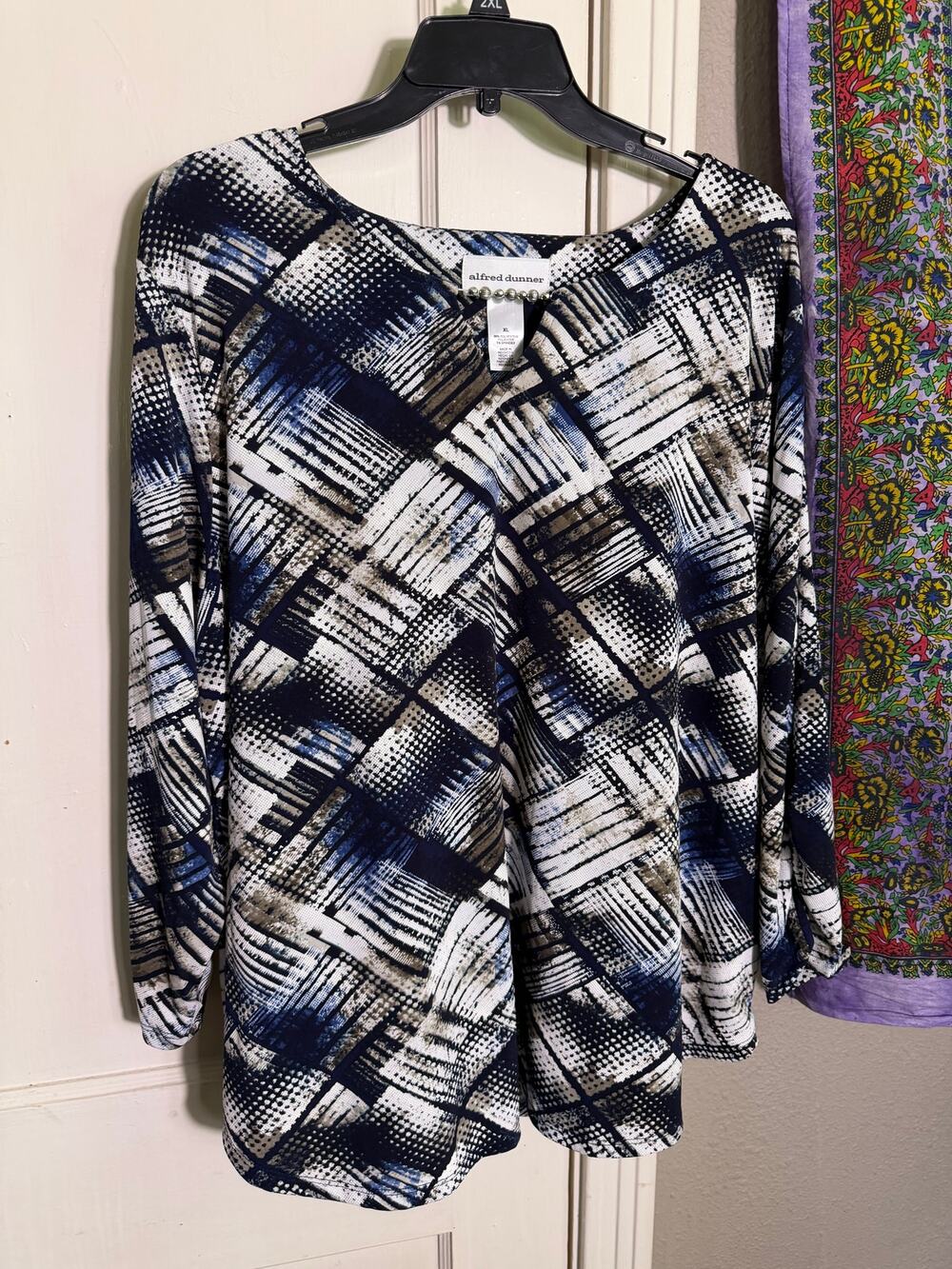 Alfred Dunner Abstract Print Stretch Top Blue White 3/4 Sleeve Beaded - XL